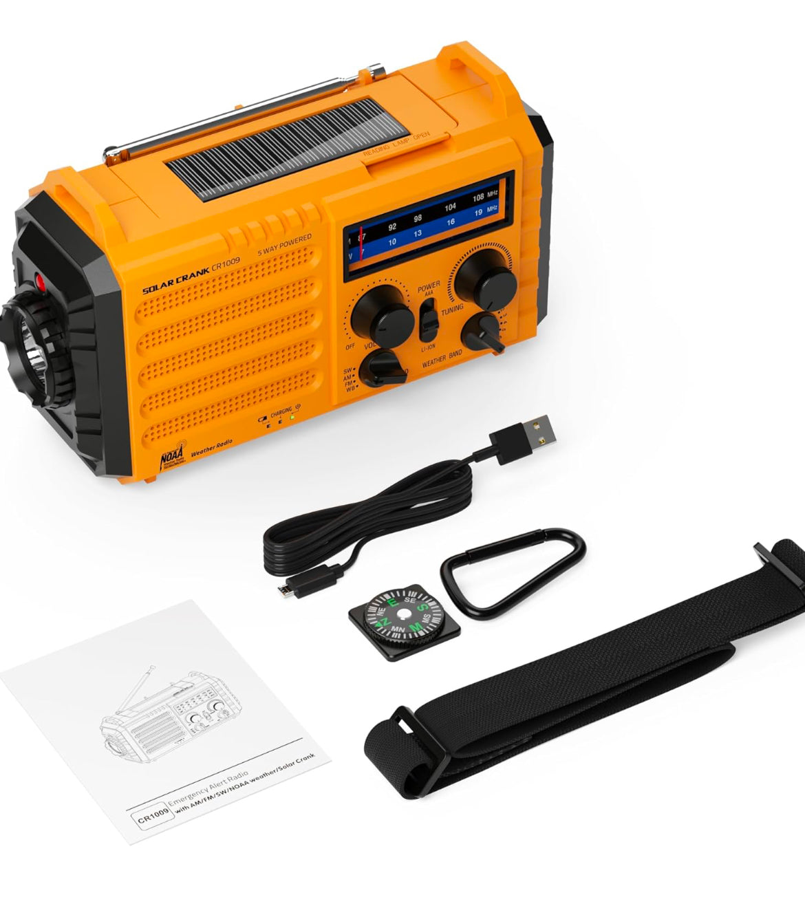 Emergency Radio, NOAA, Solar, Hand Crank, Rechargeable Battery,USB Charger,Flashlight,Reading Lamp,SOS Alarm