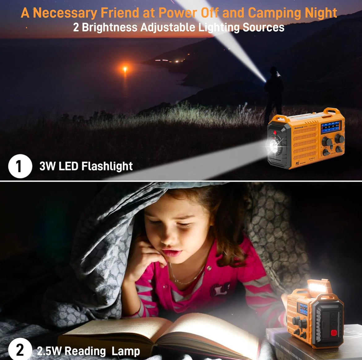 Emergency Radio, NOAA, Solar, Hand Crank, Rechargeable Battery,USB Charger,Flashlight,Reading Lamp,SOS Alarm