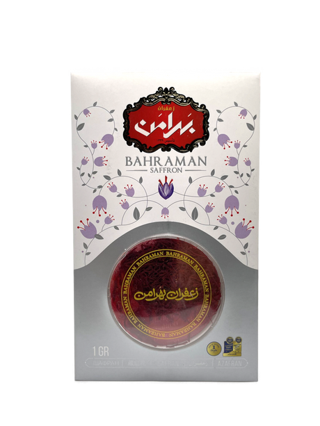 Bahraman saffron packaging with a white background