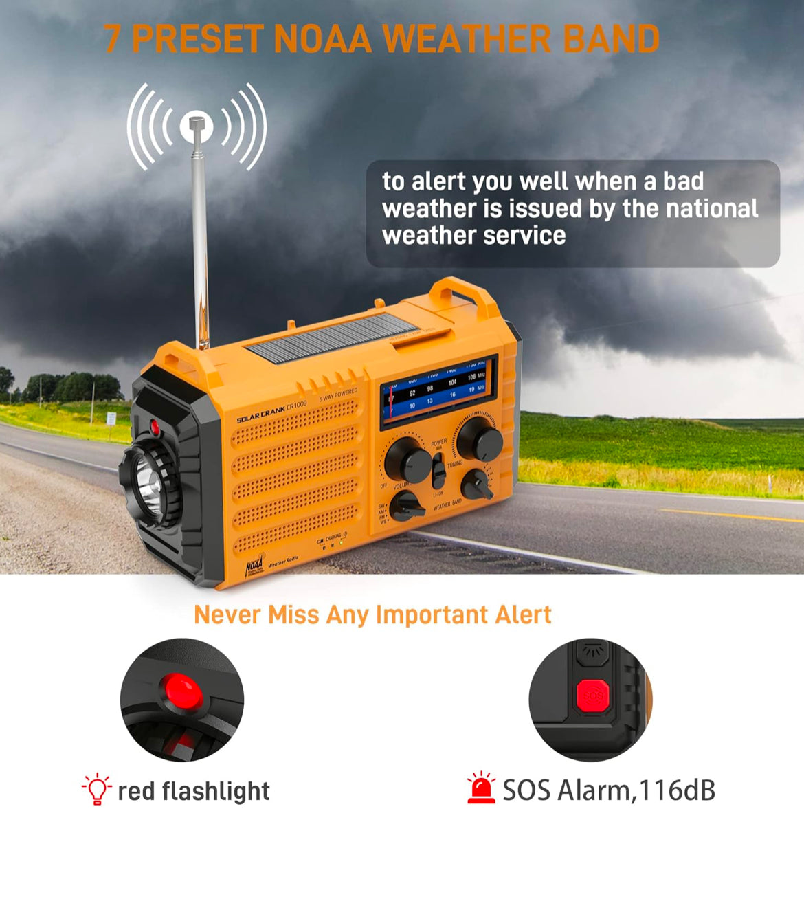Emergency Radio, NOAA, Solar, Hand Crank, Rechargeable Battery,USB Charger,Flashlight,Reading Lamp,SOS Alarm