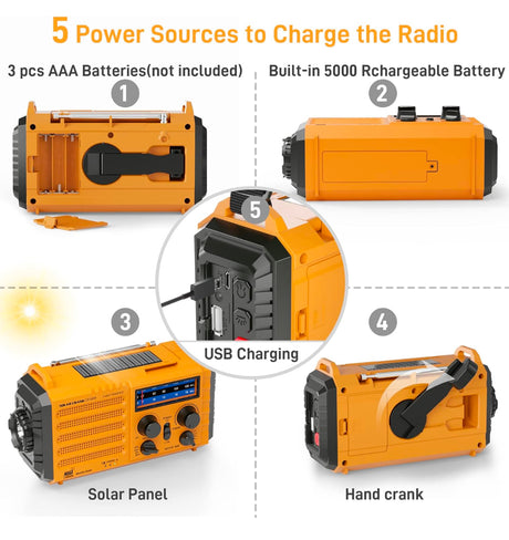 Emergency Radio, NOAA, Solar, Hand Crank, Rechargeable Battery,USB Charger,Flashlight,Reading Lamp,SOS Alarm