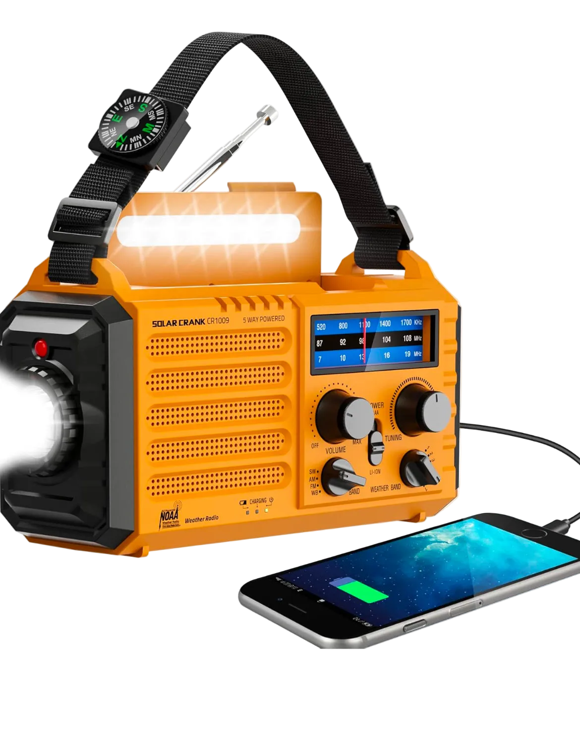 Emergency Radio, NOAA, Solar, Hand Crank, Rechargeable Battery,USB Charger,Flashlight,Reading Lamp,SOS Alarm